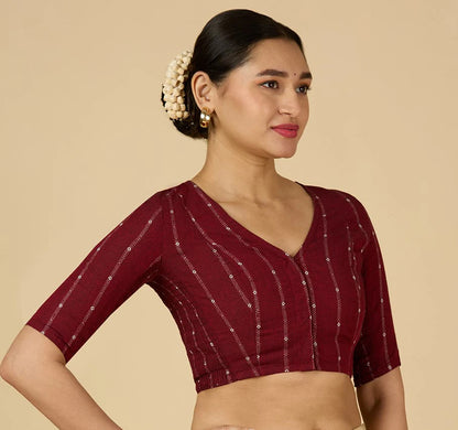 Women’s Maroon Cotton Side Stretchable Saree Blouse | Smocked Sleeve Readymade Blouse