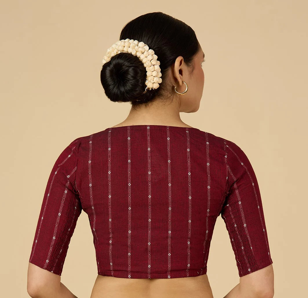 Women’s Maroon Cotton Side Stretchable Saree Blouse | Smocked Sleeve Readymade Blouse