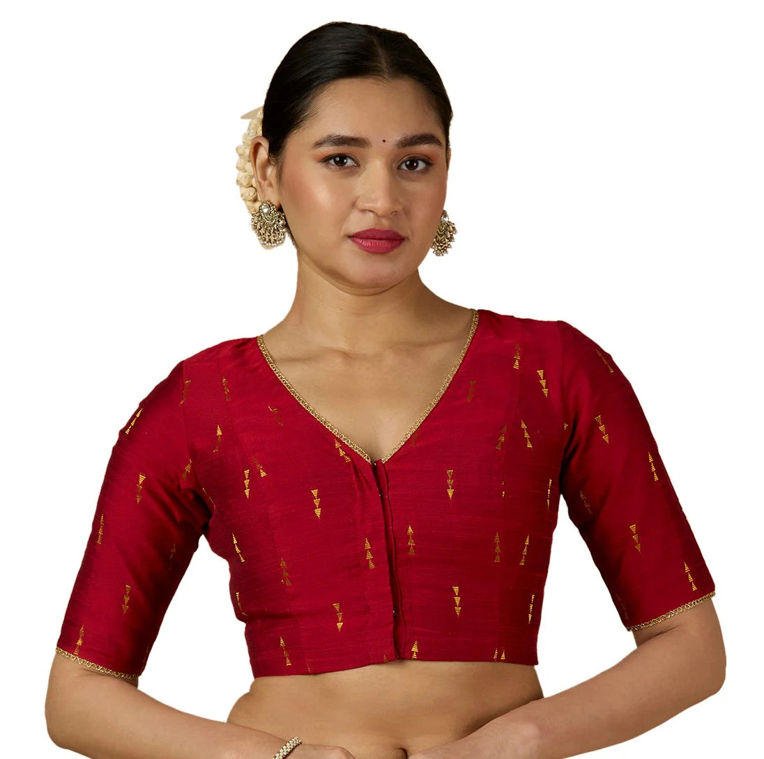 Women’s Maroon Cotton Silk V-Neck Readymade Saree Blouse with Gold Buttas | Elbow Sleeve