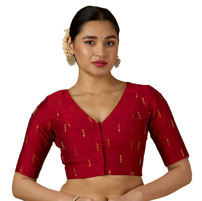 Women’s Maroon Cotton Silk V-Neck Readymade Saree Blouse with Gold Buttas | Elbow Sleeve