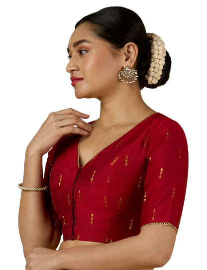 Women’s Maroon Cotton Silk V-Neck Readymade Saree Blouse with Gold Buttas | Elbow Sleeve