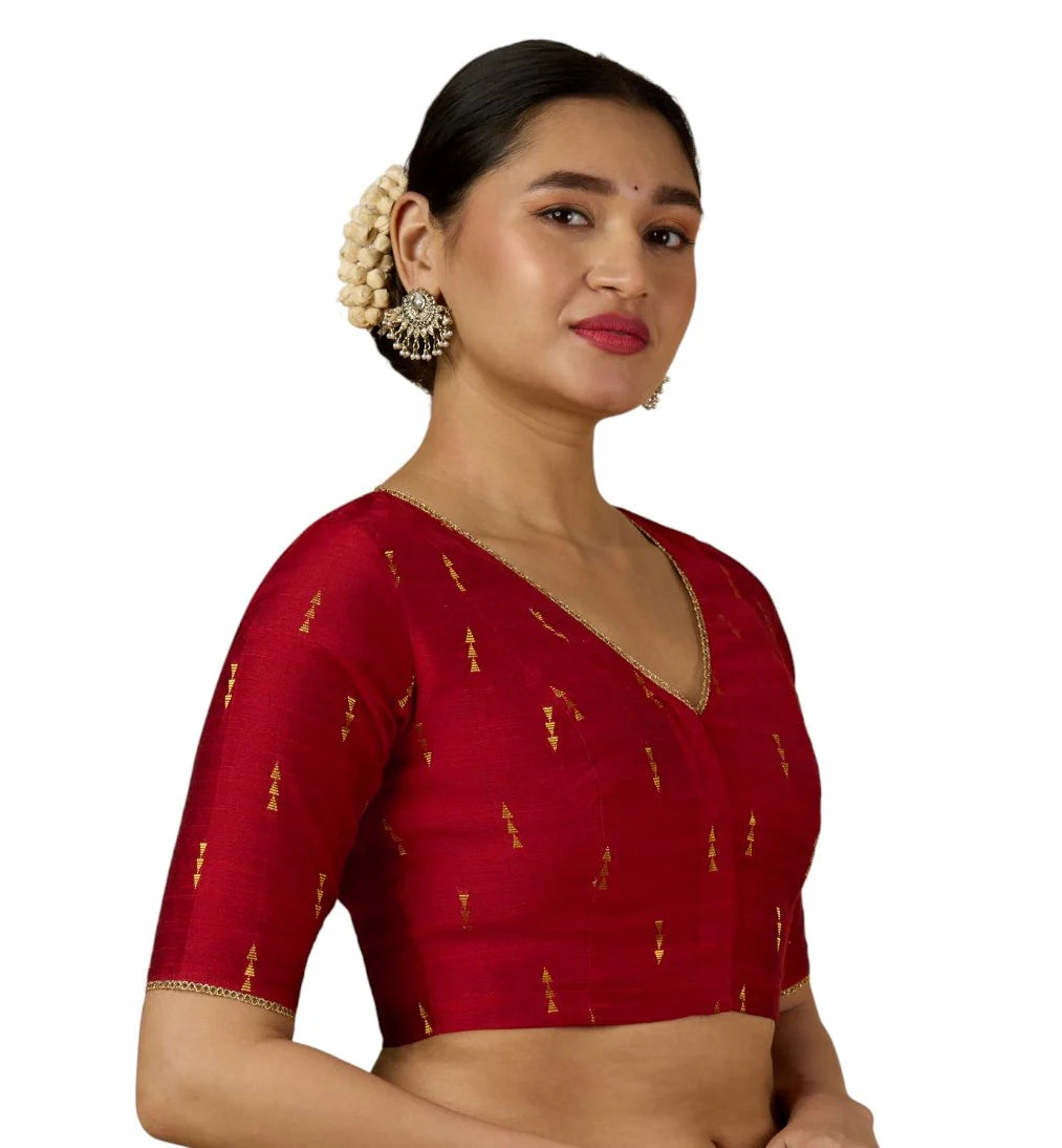 Women’s Maroon Cotton Silk V-Neck Readymade Saree Blouse with Gold Buttas | Elbow Sleeve