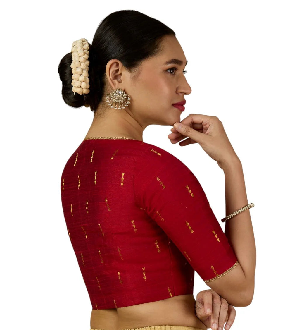 Women’s Maroon Cotton Silk V-Neck Readymade Saree Blouse with Gold Buttas | Elbow Sleeve