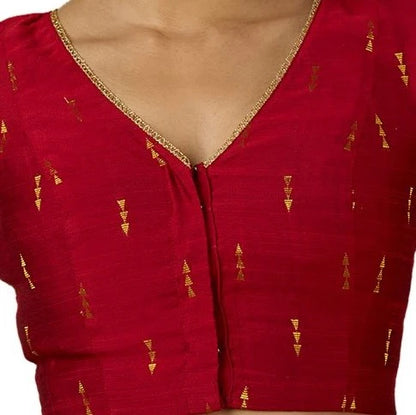Women’s Maroon Cotton Silk V-Neck Readymade Saree Blouse with Gold Buttas | Elbow Sleeve