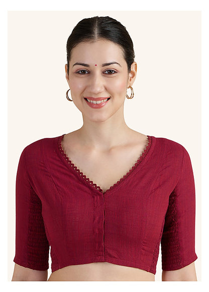 Maroon Cotton Smocked Ready-Made Saree Blouse - V Neck with Elbow Sleeves front view