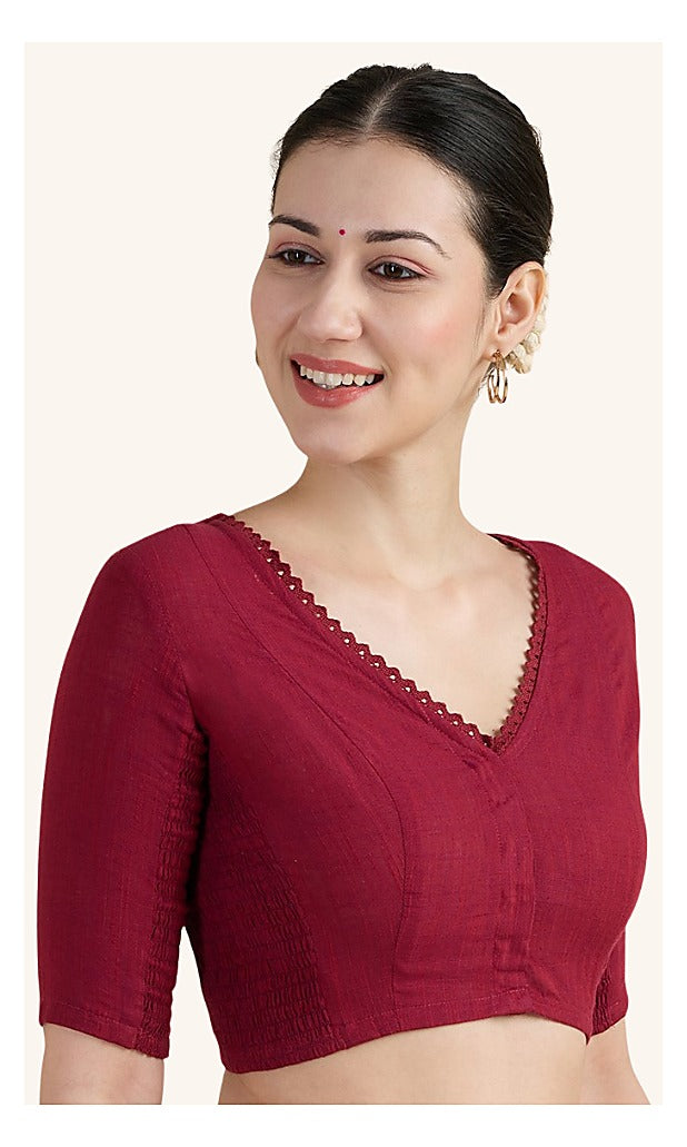 Maroon Cotton Smocked Ready-Made Saree Blouse - V Neck with Elbow Sleeves