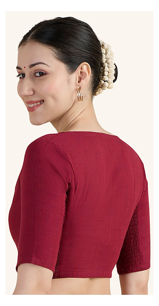 Maroon Cotton Smocked Ready-Made Saree Blouse - V Neck with Elbow Sleeves