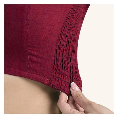 Maroon Cotton Smocked Ready-Made Saree Blouse - V Neck with Elbow Sleeves