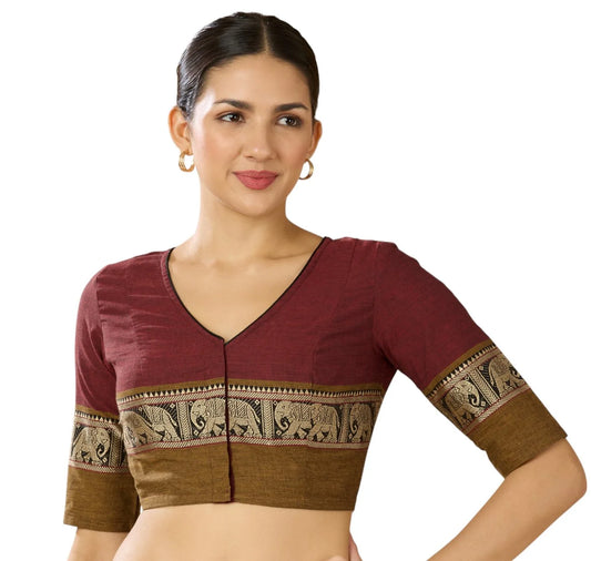 Women’s Maroon Cotton Saree Blouse with Elephant Temple Border | Readymade V-Neck Blouse
