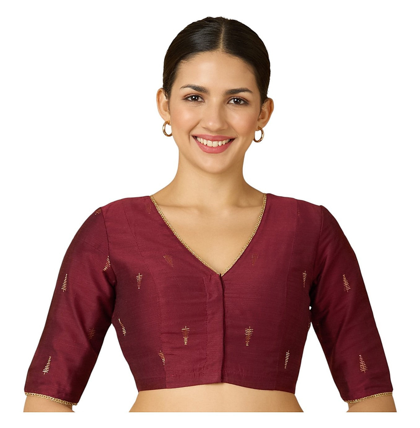 Maroon Handloom Cotton Silk Readymade Blouse - V Neck Elbow Sleeves front view