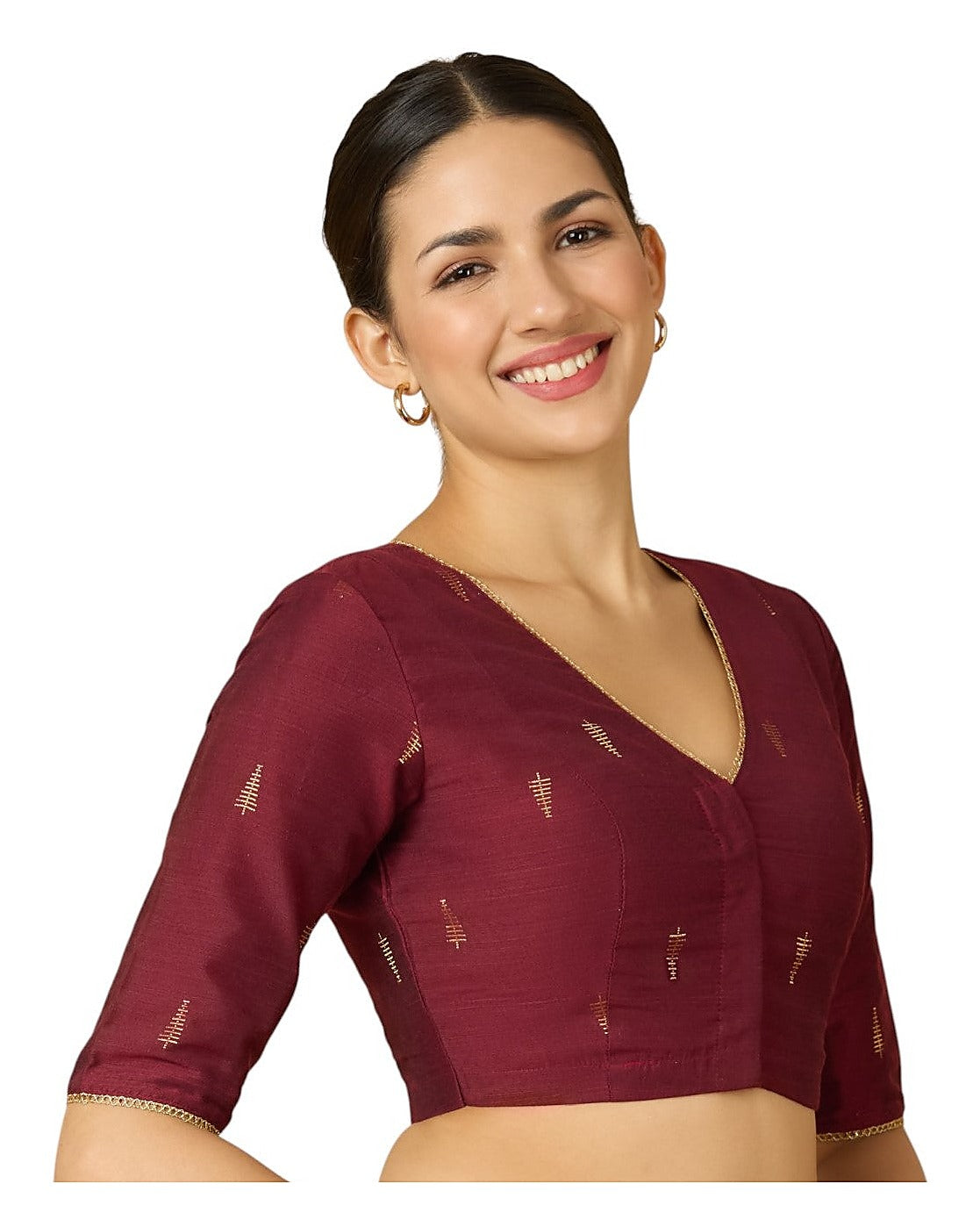 Maroon Handloom Cotton Silk Readymade Blouse - V Neck Elbow Sleeves
