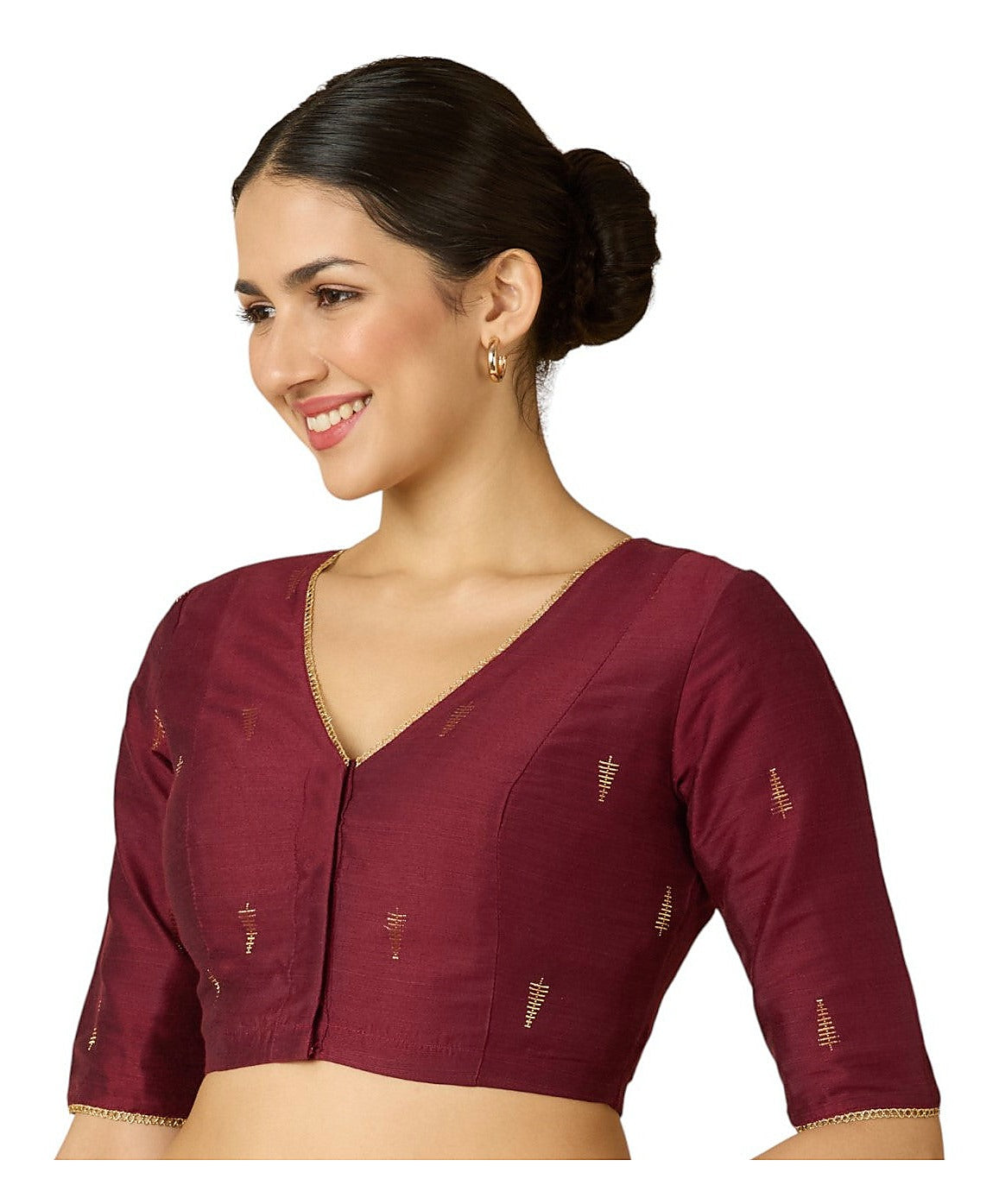 Maroon Handloom Cotton Silk Readymade Blouse - V Neck Elbow Sleeves