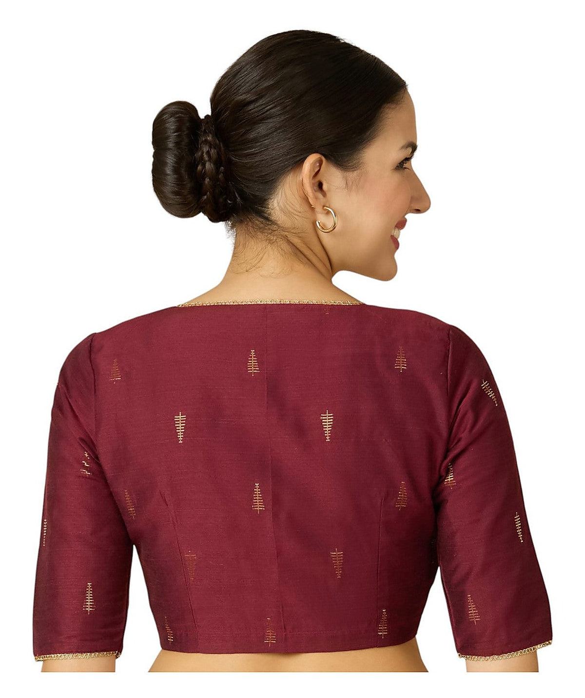 Maroon Handloom Cotton Silk Readymade Blouse - V Neck Elbow Sleeves