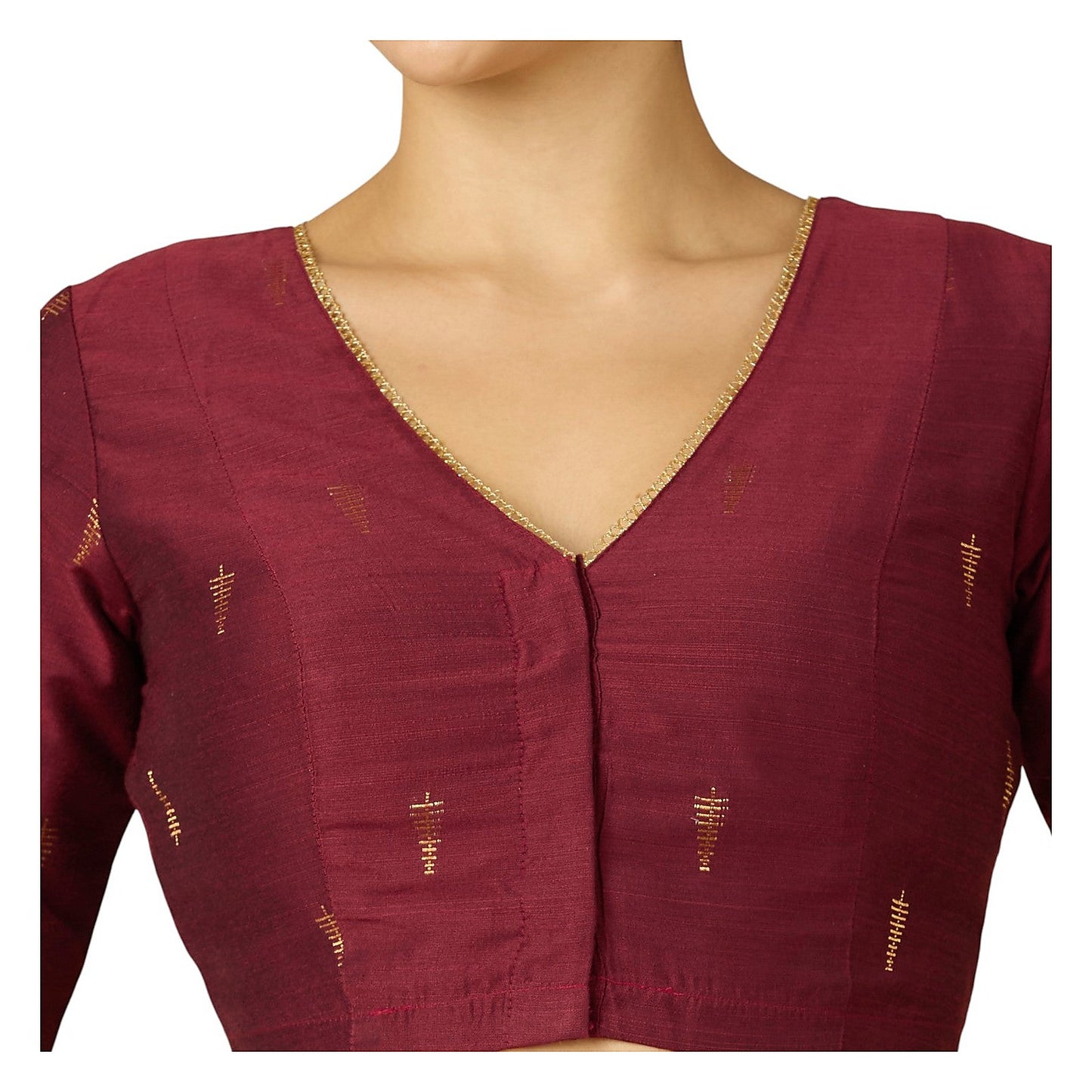 Maroon Handloom Cotton Silk Readymade Blouse - V Neck Elbow Sleeves