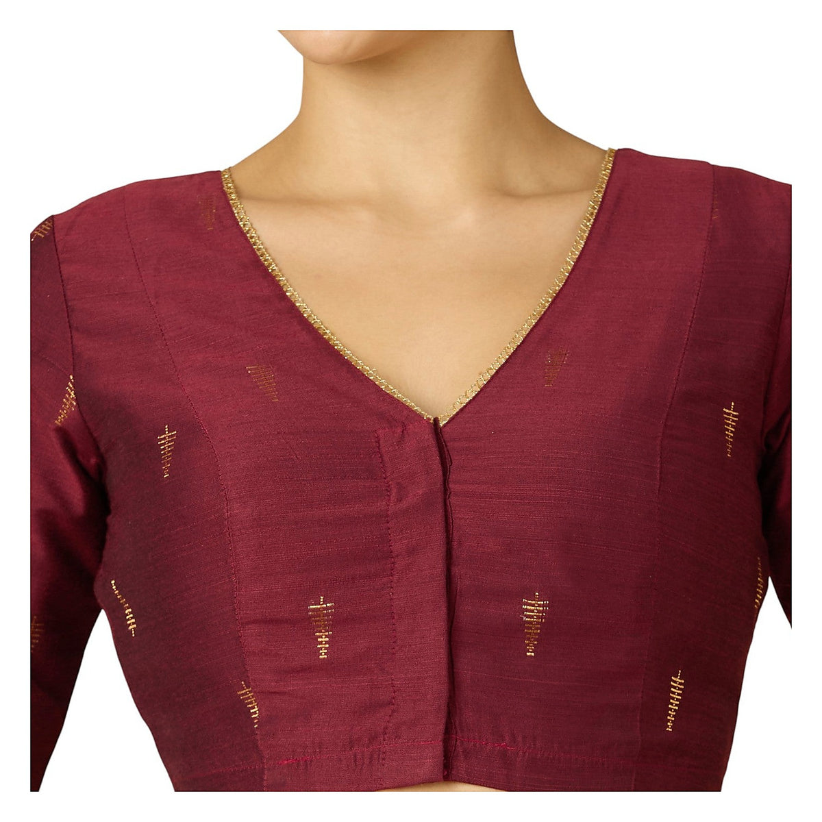 Maroon Handloom Cotton Silk Readymade Blouse - V Neck Elbow Sleeves