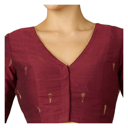 Maroon Handloom Cotton Silk Readymade Blouse - V Neck Elbow Sleeves