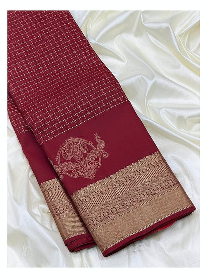 Maroon Handwoven Kanchipuram Silk Saree with Gold Zari Checks and Peacock Motif Border