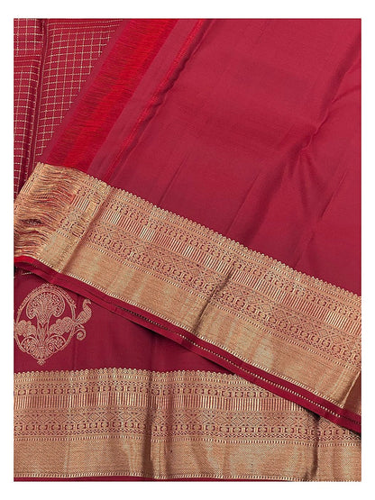 Maroon Handwoven Kanchipuram Silk Saree with Gold Zari Checks and Peacock Motif Border