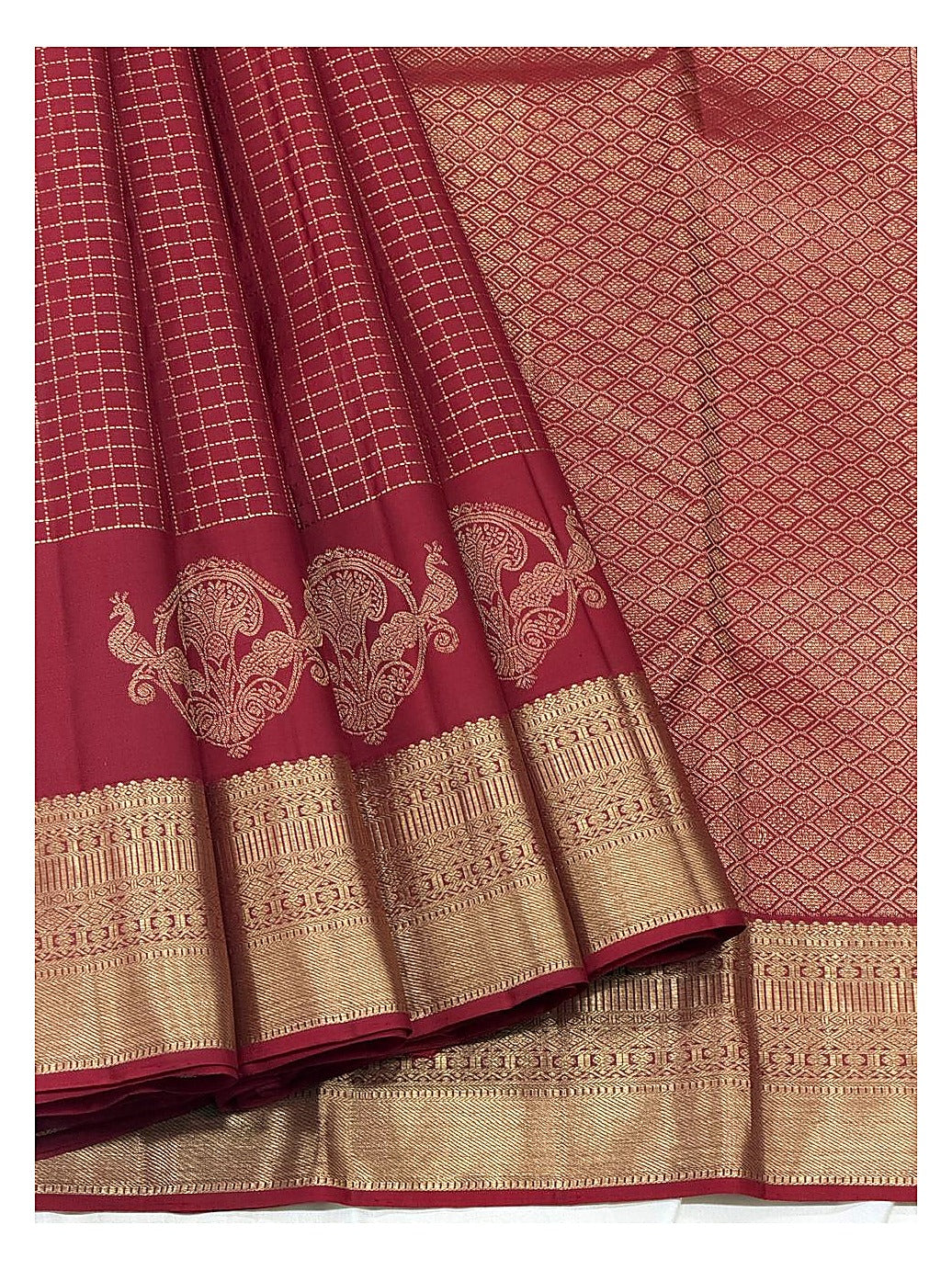 Maroon Handwoven Kanchipuram Silk Saree with Gold Zari Checks and Peacock Motif Border