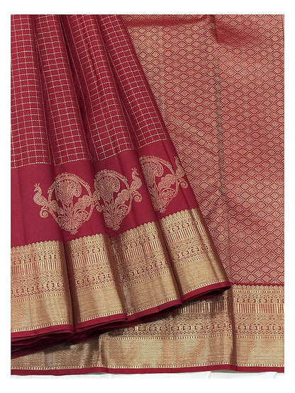 Maroon Handwoven Kanchipuram Silk Saree with Gold Zari Checks and Peacock Motif Border
