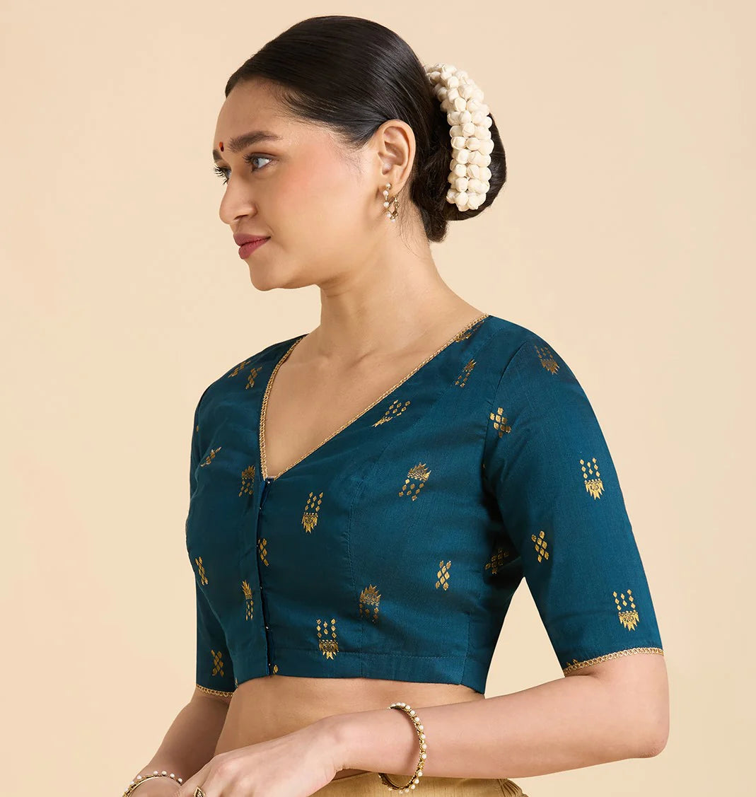 Women’s Midnight Blue Cotton Silk Readymade Saree Blouse
