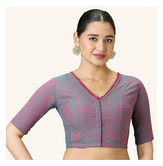 Multicolour Cotton Smocked Ready-Made Saree Blouse - V Neck with Elbow Sleeves front view