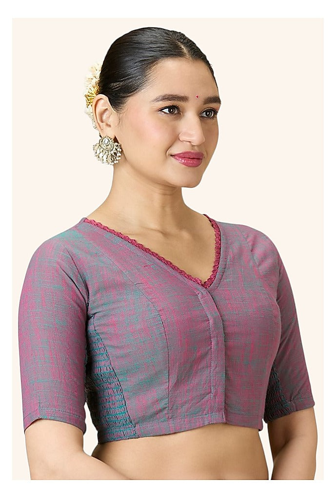 Multicolour Cotton Smocked Ready-Made Saree Blouse - V Neck with Elbow Sleeves