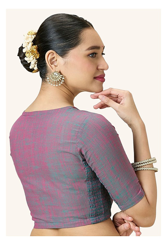 Multicolour Cotton Smocked Ready-Made Saree Blouse - V Neck with Elbow Sleeves