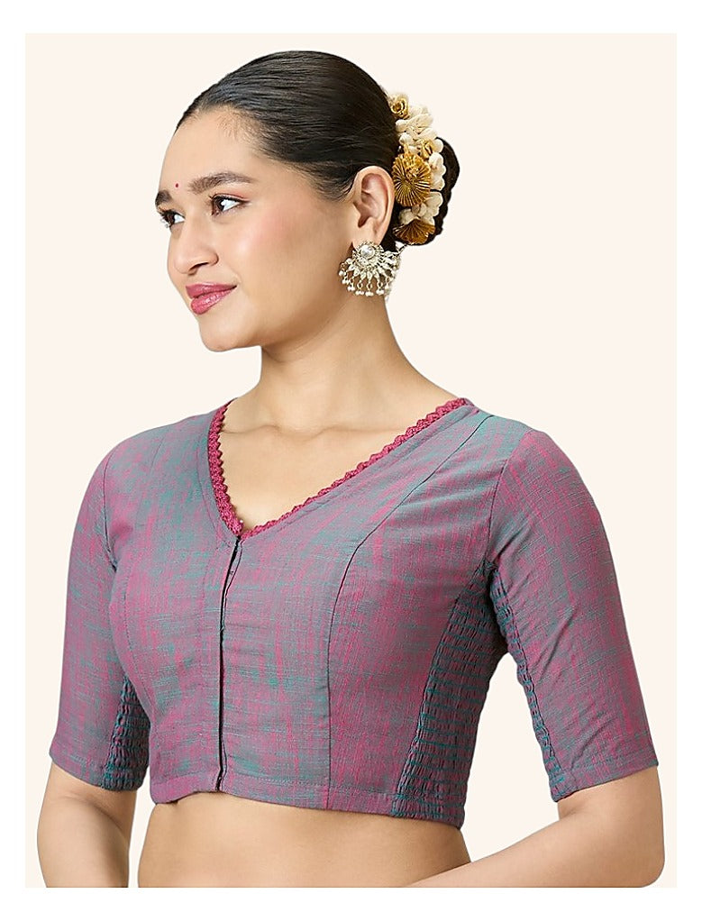 Multicolour Cotton Smocked Ready-Made Saree Blouse - V Neck with Elbow Sleeves