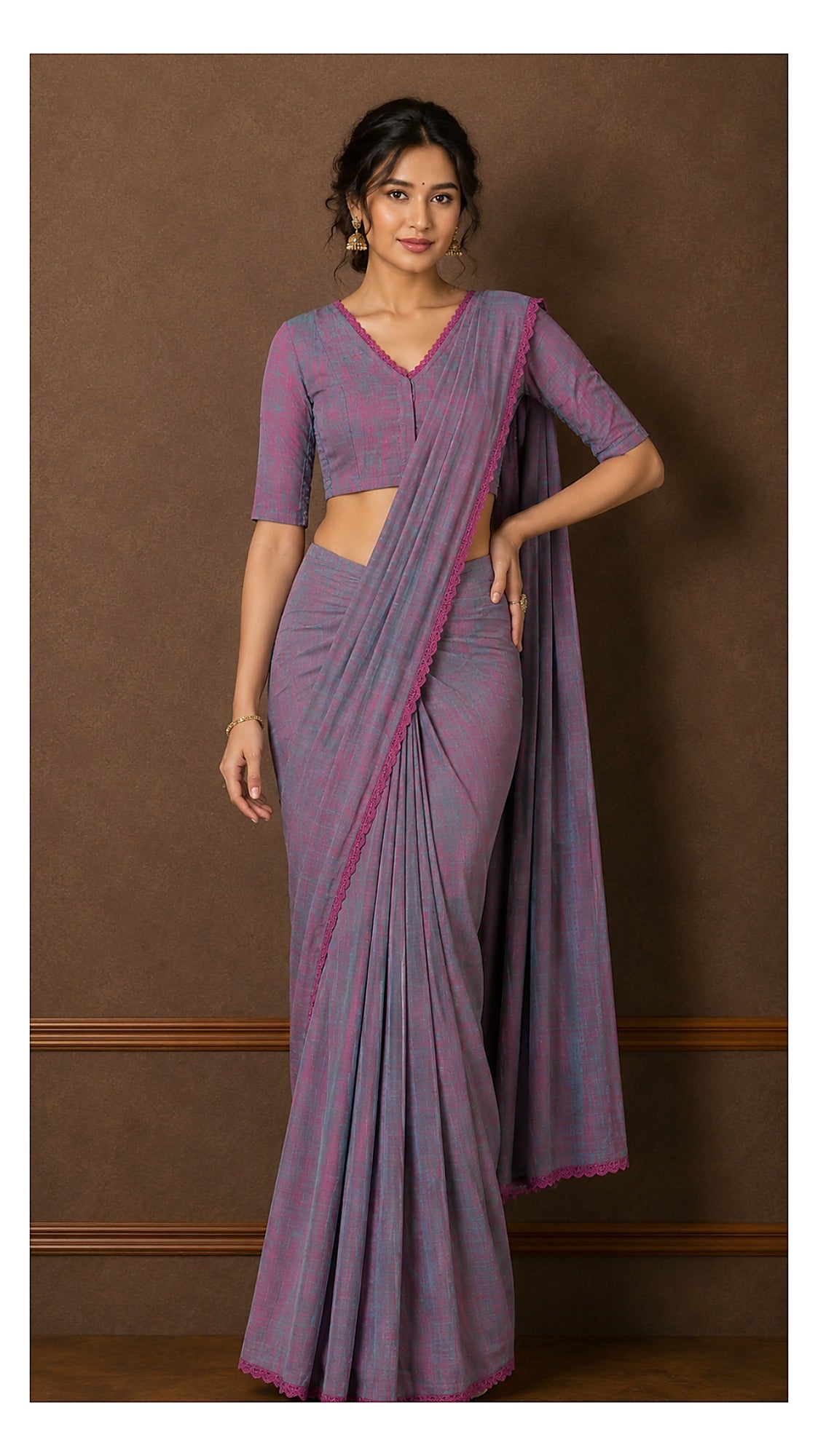 Multicolour Cotton Smocked Ready-Made Saree Blouse - V Neck with Elbow Sleeves