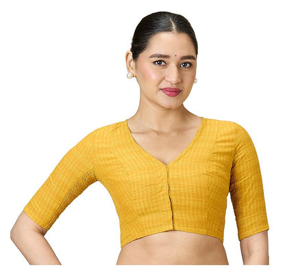 Mustard Cotton Madras Checks Readymade Blouse - V Neck Elbow Sleeves front view