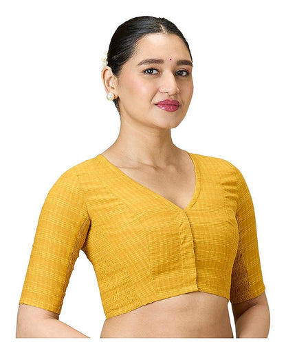Mustard Cotton Madras Checks Readymade Blouse - V Neck Elbow Sleeves