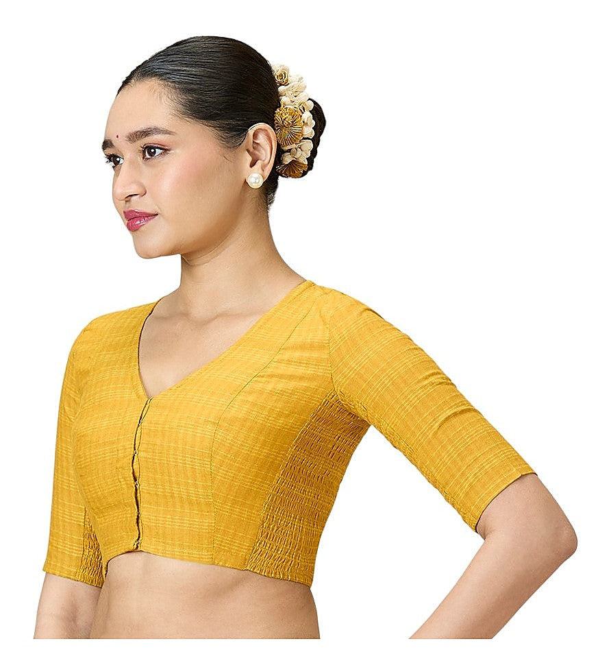 Mustard Cotton Madras Checks Readymade Blouse - V Neck Elbow Sleeves