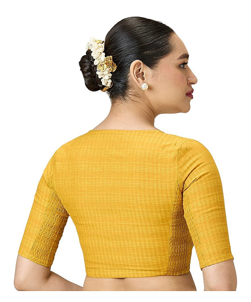 Mustard Cotton Madras Checks Readymade Blouse - V Neck Elbow Sleeves