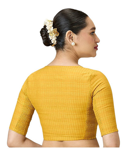 Mustard Cotton Madras Checks Readymade Blouse - V Neck Elbow Sleeves