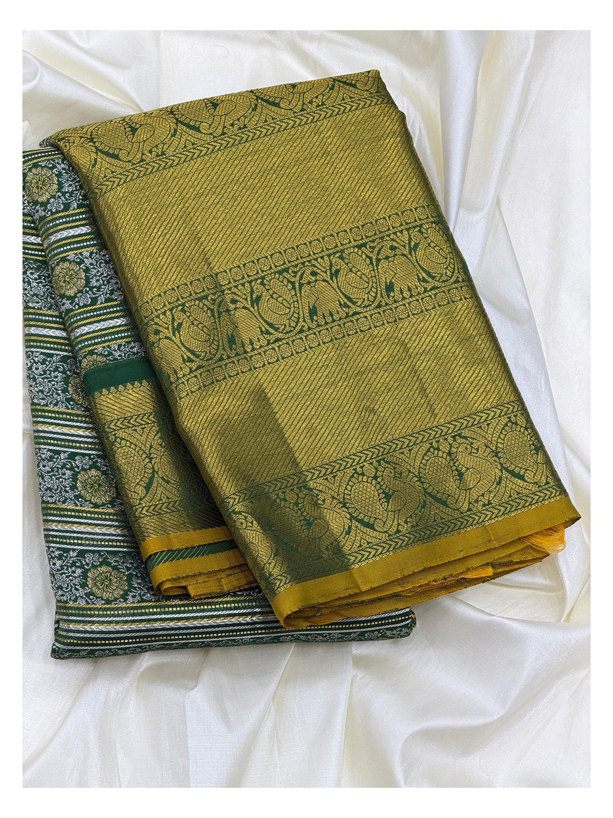 Mustard Gold Handwoven Kanchipuram Silk Saree with Green Elephant Border front view