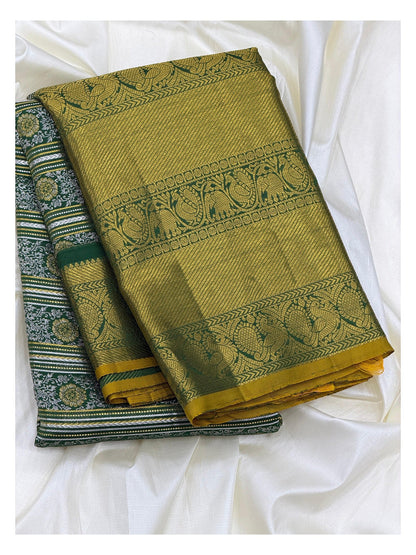 Mustard Gold Handwoven Kanchipuram Silk Saree with Green Elephant Border front view