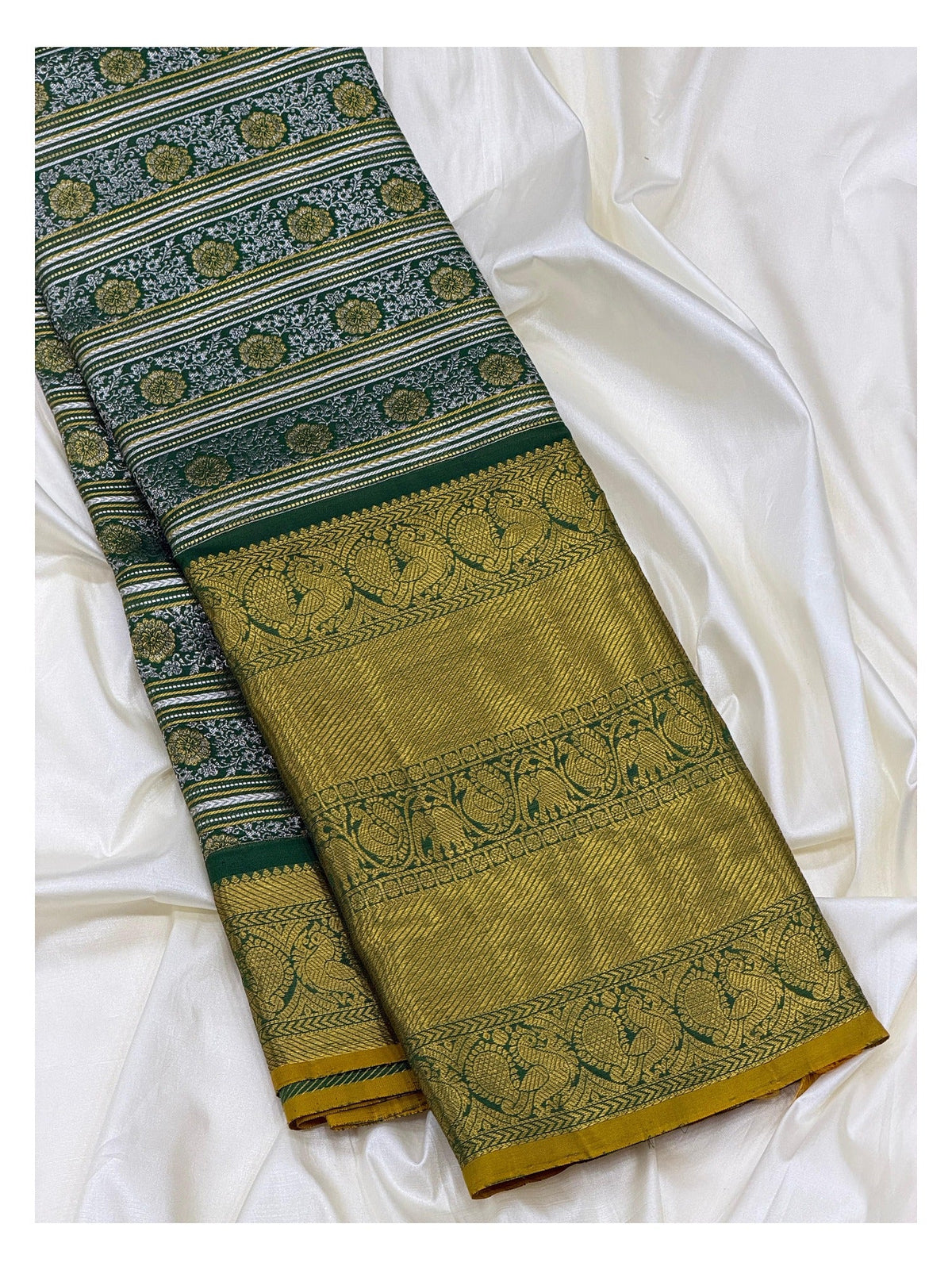 Mustard Gold Handwoven Kanchipuram Silk Saree with Green Elephant Border