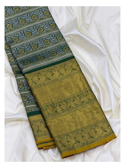 Mustard Gold Handwoven Kanchipuram Silk Saree with Green Elephant Border