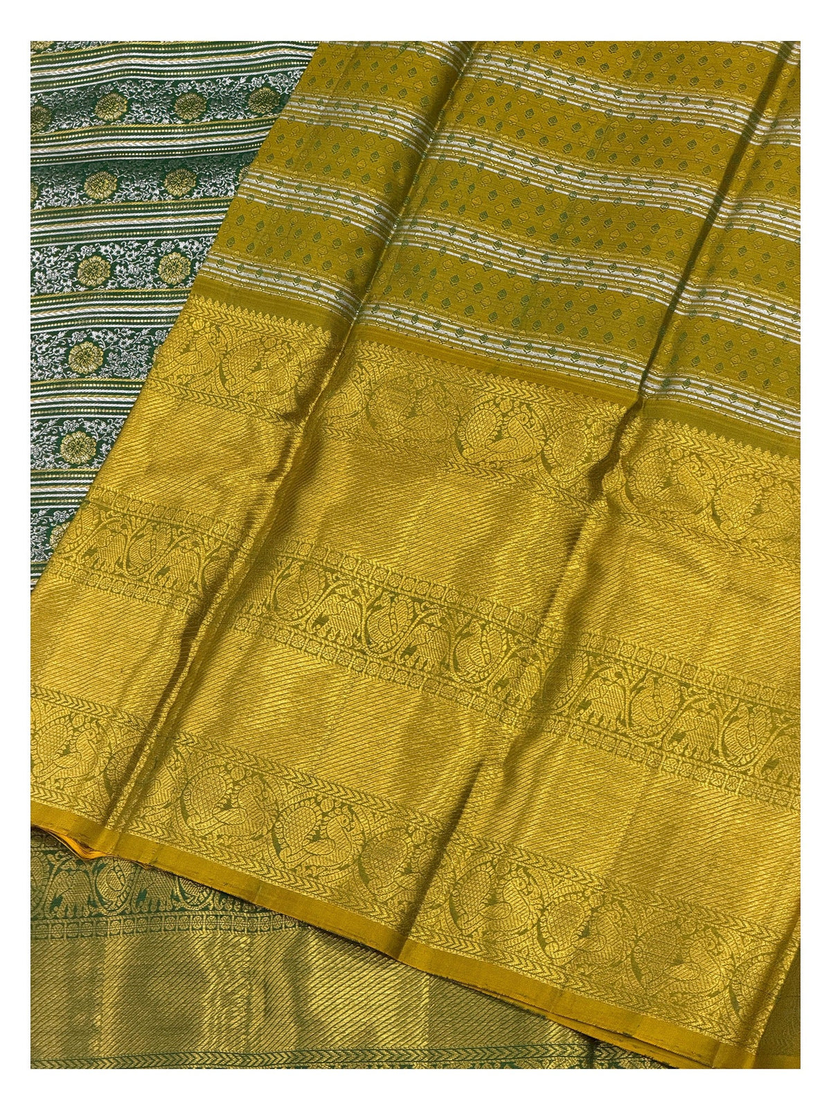 Mustard Gold Handwoven Kanchipuram Silk Saree with Green Elephant Border