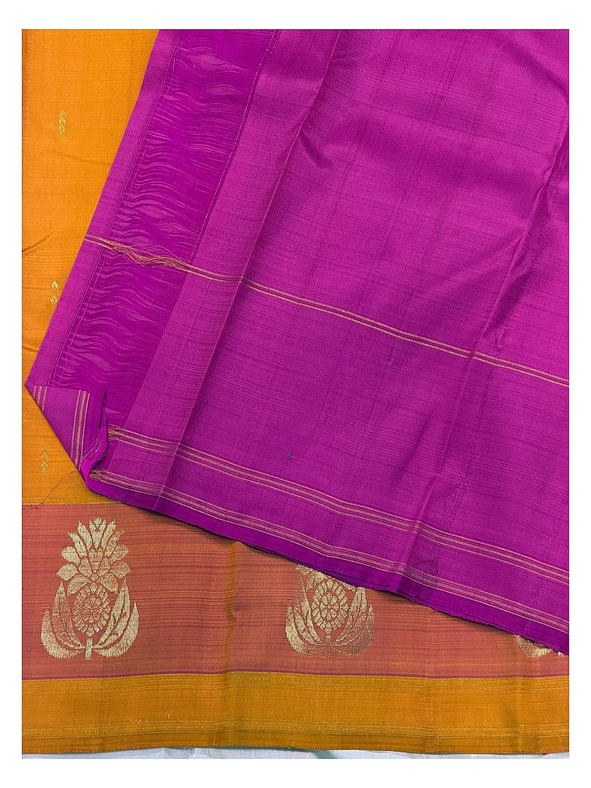 Mustard Gold Handwoven Kanchipuram Silk Saree with Pink Zari Border and Bright Pink Contrast Pallu