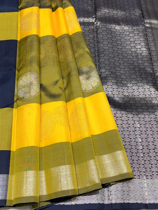 Mustard yellow and olive green checked Kanchipuram silk saree with navy blue border – full view