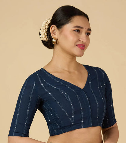 Women’s Navy Blue Cotton Side Stretchable Saree Blouse | Cool Cotton V-Neck Readymade Blouse
