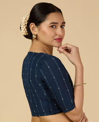 Women’s Navy Blue Cotton Side Stretchable Saree Blouse | Cool Cotton V-Neck Readymade Blouse