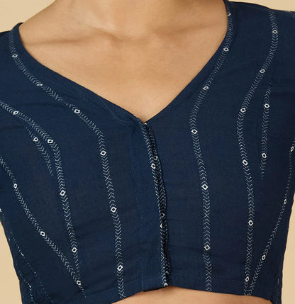 Women’s Navy Blue Cotton Side Stretchable Saree Blouse | Cool Cotton V-Neck Readymade Blouse