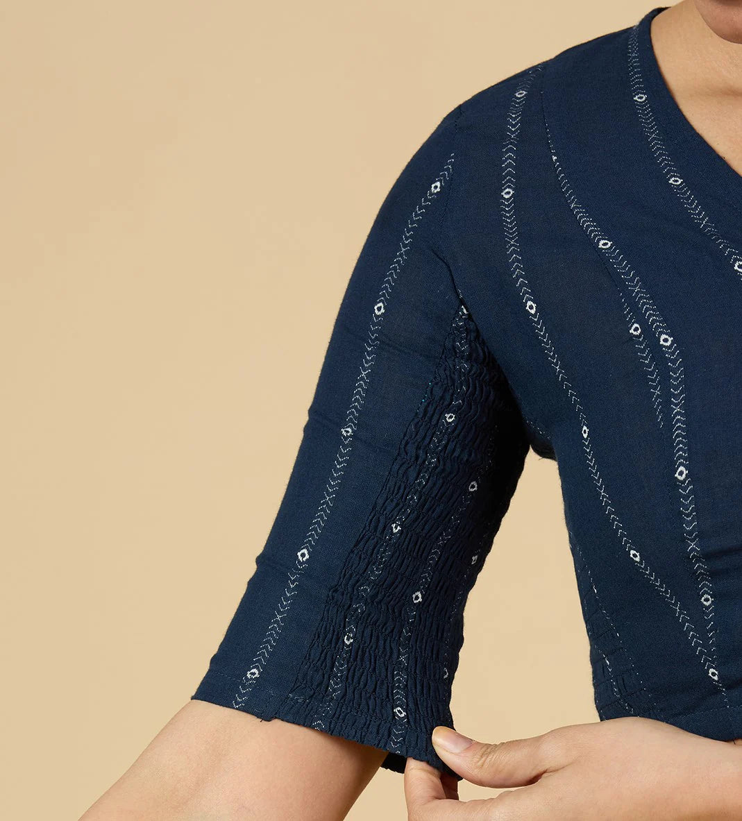 Women’s Navy Blue Cotton Side Stretchable Saree Blouse | Cool Cotton V-Neck Readymade Blouse