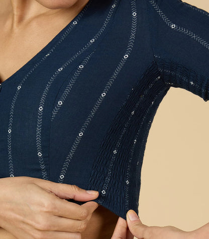 Women’s Navy Blue Cotton Side Stretchable Saree Blouse | Cool Cotton V-Neck Readymade Blouse