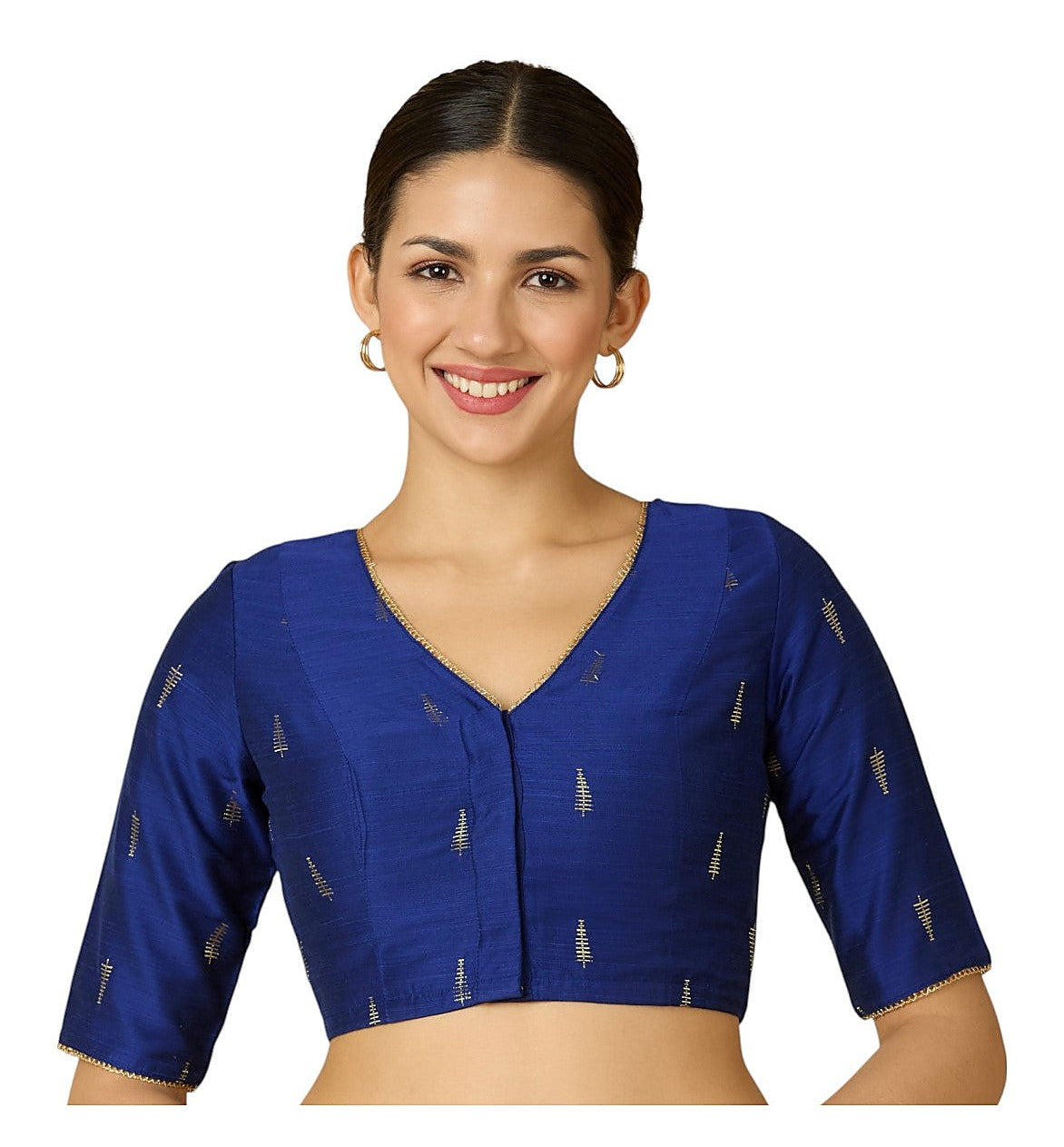 Navy Blue Handloom Cotton Silk Readymade Blouse - V Neck Elbow Sleeves front view