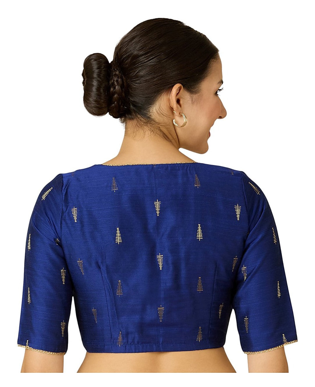 Navy Blue Handloom Cotton Silk Readymade Blouse - V Neck Elbow Sleeves