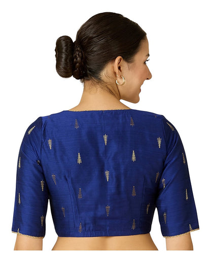 Navy Blue Handloom Cotton Silk Readymade Blouse - V Neck Elbow Sleeves